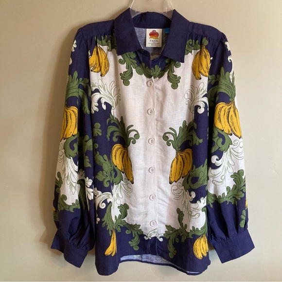 NEW FARM Rio x Anthropologie Puff Sleeve Button Down Blouse Bananas Linen Size L - Picture 5 of 16